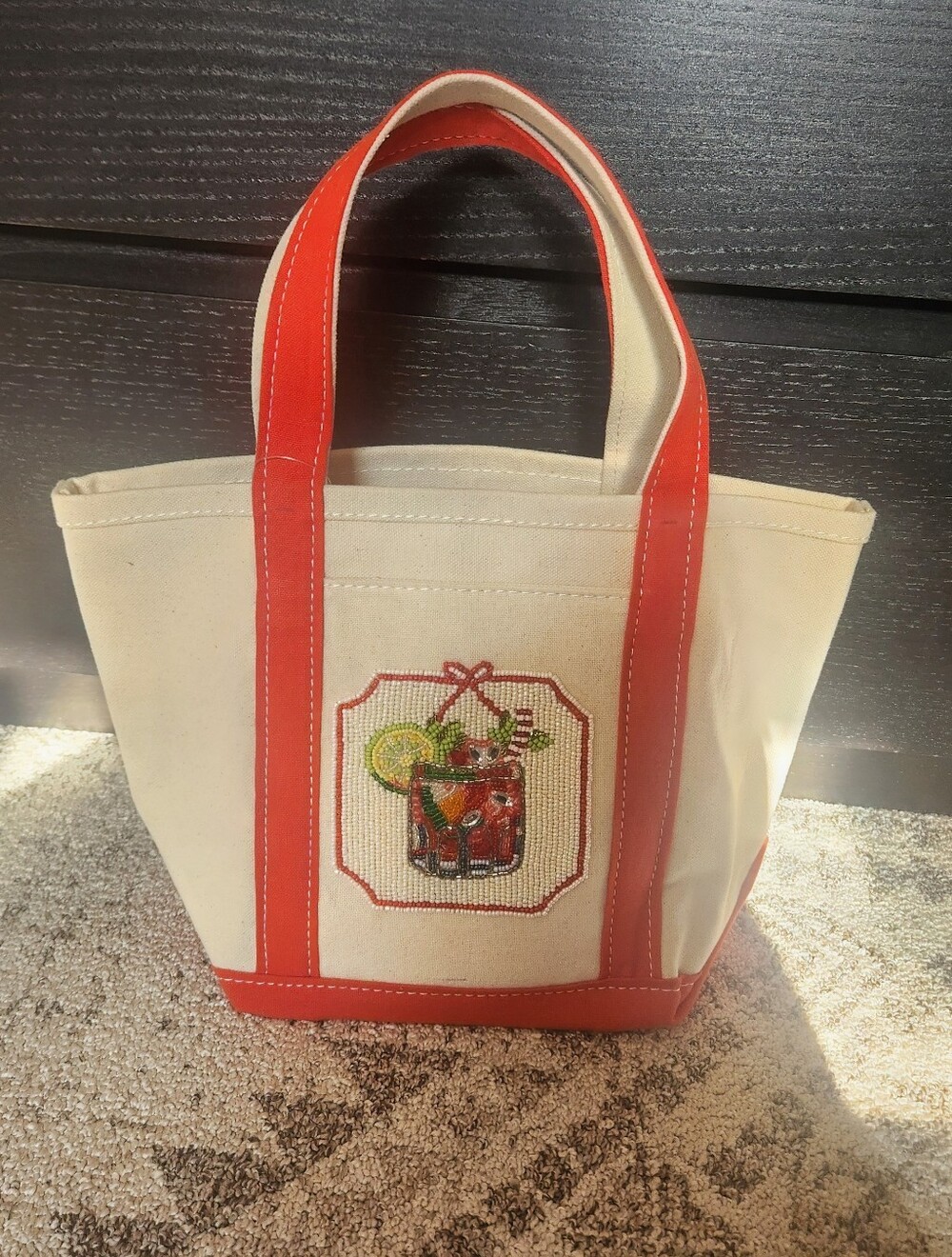 Anthropologie Cream Canvas Tote with Coral Trim and Beaded Cocktail Motif - Picture 8 of 11